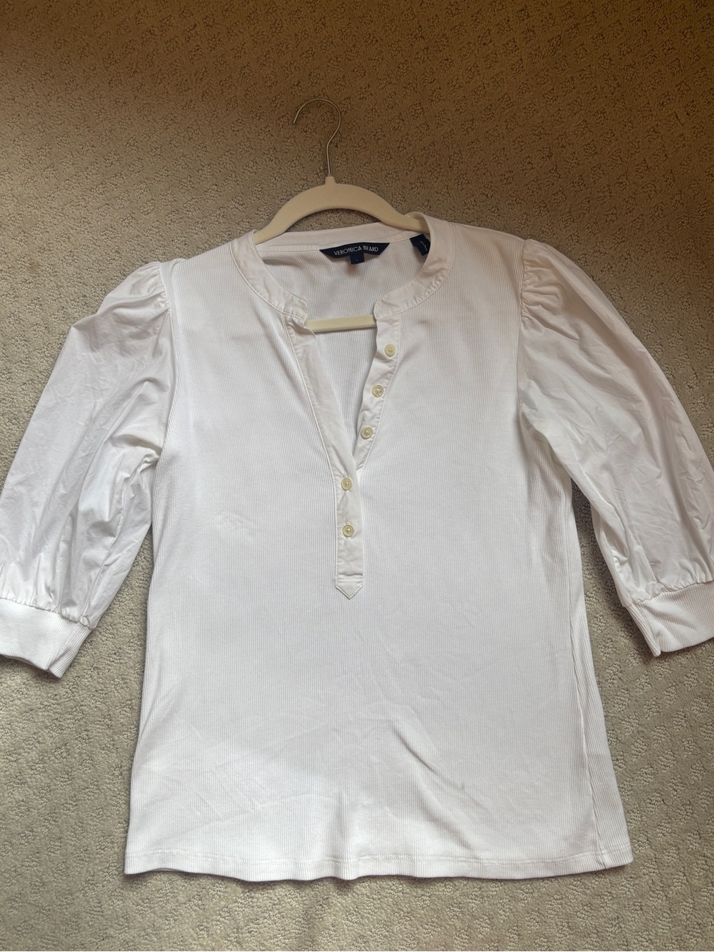 Veronica Beard White Button-Front Puff Sleeve Top